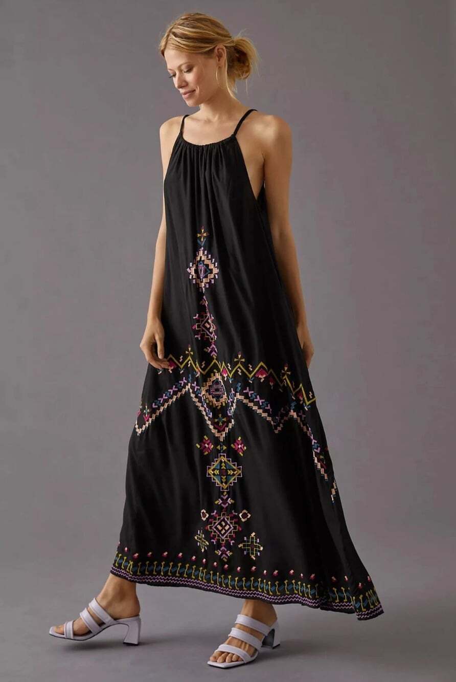 Anthropologie Embroidered Boho Halter Maxi Dress Medium Black Southwestern